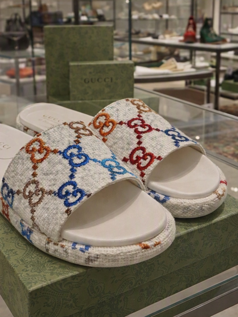 Gucci White Multicolor GG Embroidered Slide Sandals
